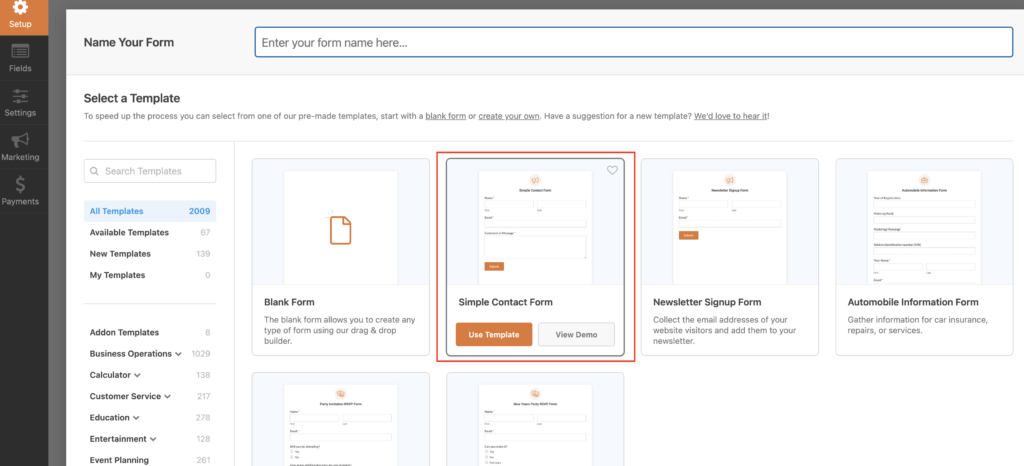 Selecting Contact Form Template